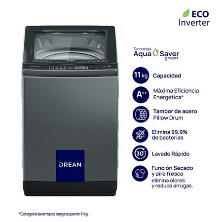 Lavarropas DREAN LPDR1165LG Carga Superior Ecoinverter 11 Kg Gris 