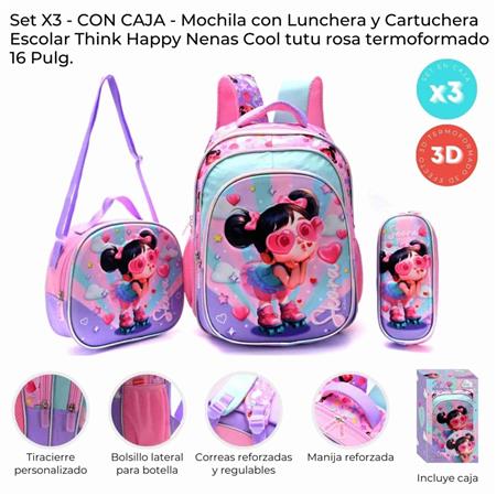 Set X3 Mochila Lunchera y Cartuchera SKORA 42946 Think Happy