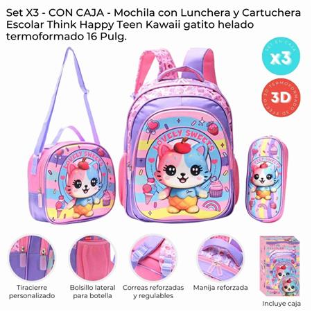 Set X3 Mochila Lunchera y Cartuchera SKORA 42947 Think Happy