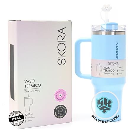 Vaso térmico SKORA 37126 con bombilla y tapon nube 1200ml celeste