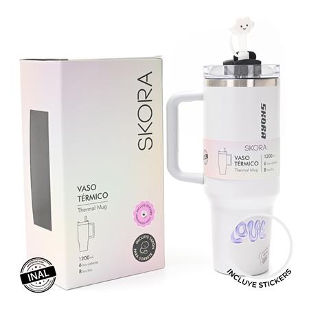 Vaso térmico SKORA 37194 con bombilla y tapon nube 1200ml blanco