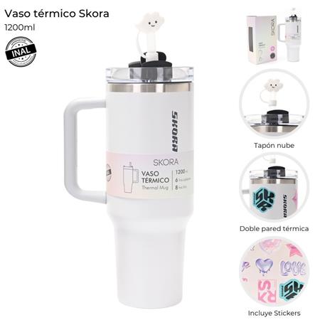 Vaso térmico SKORA 37194 con bombilla y tapon nube 1200ml blanco