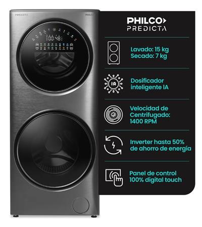 Lavasecarropa PHILCO 94PHLFT157GT Torre Predicta 15kg/7kg Dark Inox