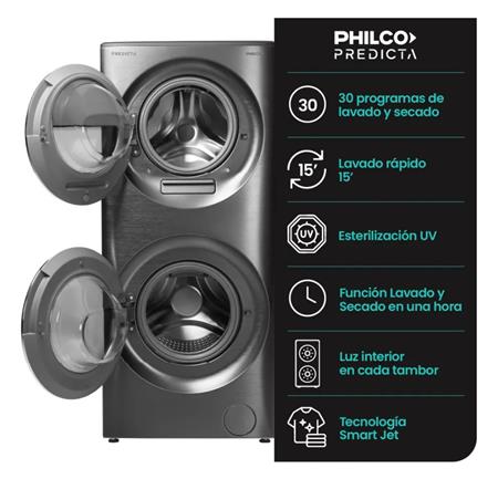 Lavasecarropa PHILCO 94PHLFT157GT Torre Predicta 15kg/7kg Dark Inox