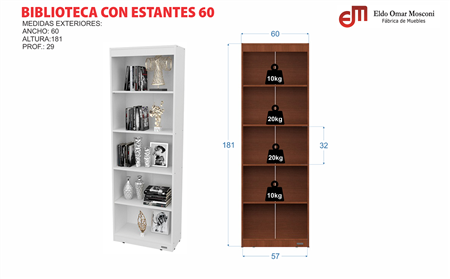Biblioteca MOSCONI DAKAR 81046 181X60X29 Con Estantes Blanca