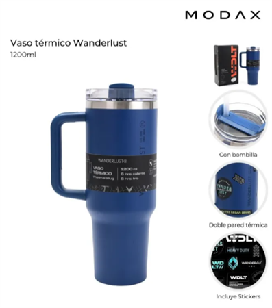 Vaso Térmico WANDERLUST 39429 con Bombilla 1200ml azul