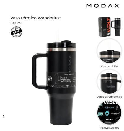 Vaso Térmico WANDERLUST 39430 con Bombilla 1200ml negro