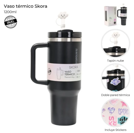 Vaso térmico SKORA 37127 con bombilla y tapon nube 1200ml negro
