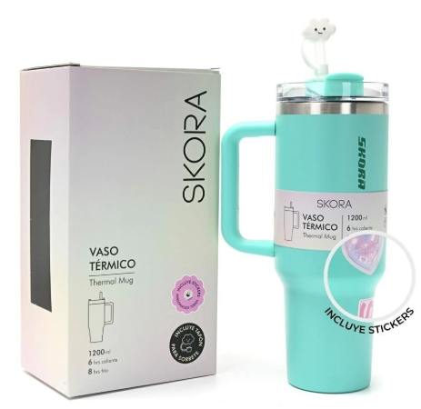 Vaso térmico SKORA 37123 con bombilla y tapon nube 1200ml verde