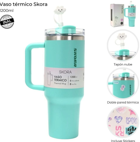 Vaso térmico SKORA 37123 con bombilla y tapon nube 1200ml verde