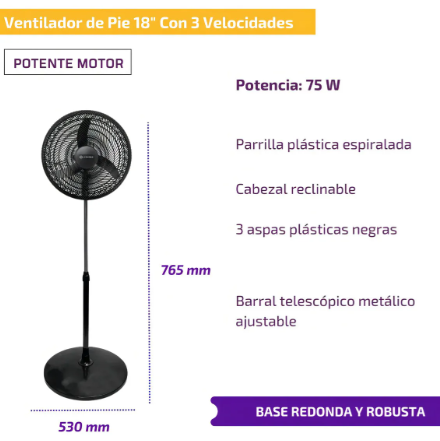 Ventilador de pie WHITENBLACK WBVP18K 3 aspas 18" 75w