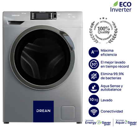 Lavarropas DREAN LFDR1012TG0 ECOINVERTER carga frontal WiFi 10 Kg Gris