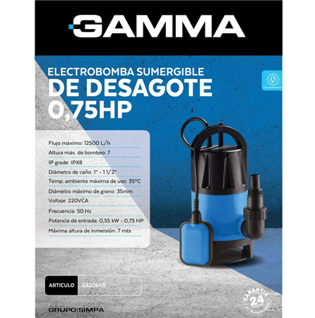 Electrobomba GAMMA G3206AR 0.75 HP Sumergible para Desagote 750W