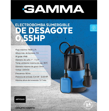 Electrobomba GAMMA G3205AR 0.55HP Sumergible para Desagote 400W