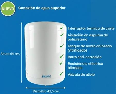 Termotanque ESCORIAL 55 Litros Eléctrico Conexión Superior Colgar