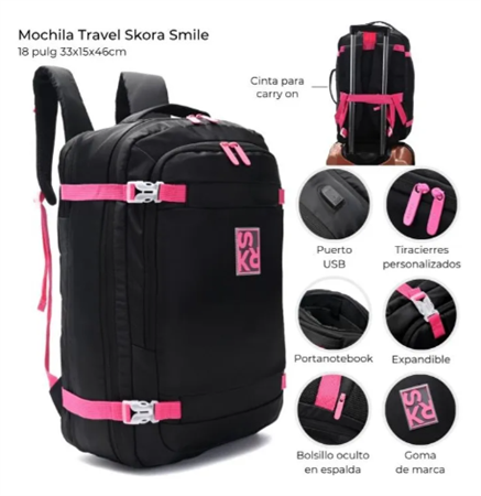 Mochila De Viaje SKORA 40653 18 Pulgadas Portanotebook Usb Negro/Rosa