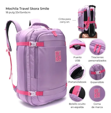 Mochila De Viaje SKORA 40656 18 Pulgadas Portanotebook Usb Violeta