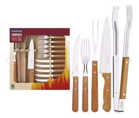 Set De Cubiertos TRAMONTINA 23399/028 CHURRASCO Naturalwood 15 Piezas De Acero Con Mango de Madera Para Parrilla