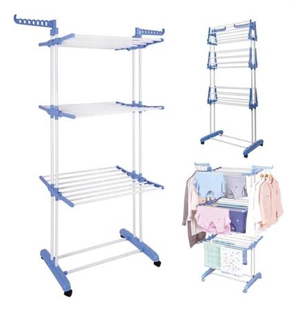 Tendedero torre HOMEMODE 3 Niveles de Pie Colgador Ropa Ruedas Vertical Portátil Blanco y Azul
